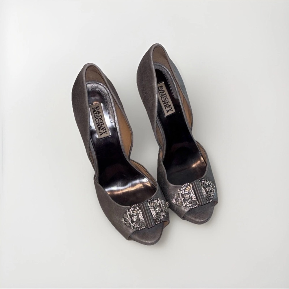 Badgley Mischka Silver Davida II Peep‎ Toe Pump Evening Shoe Heel US 8M